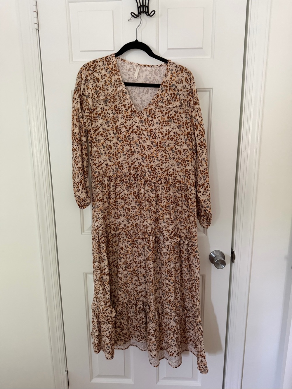 Rylee + Cru Beige Floral V-Neck Tiered Maxi Dress